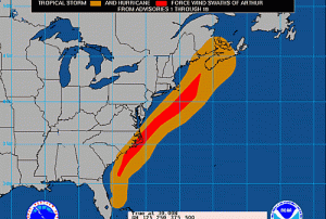 Forecast map of wind for Hurricane Arthur